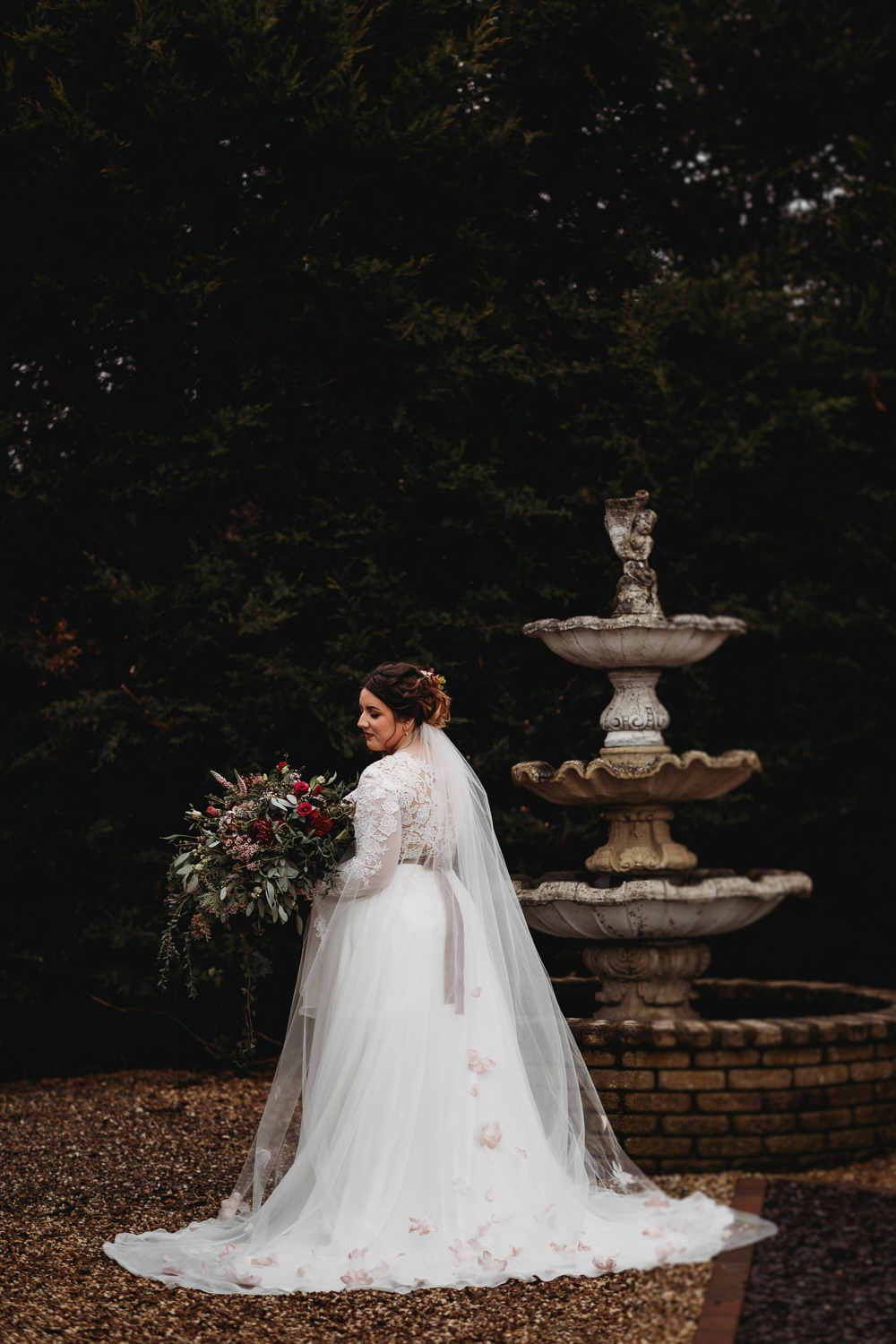 Dress Gown Bride Bridal Lace Top Long Sleeves Train Veil Christmas Marquee Wedding Thyme Lane Photography