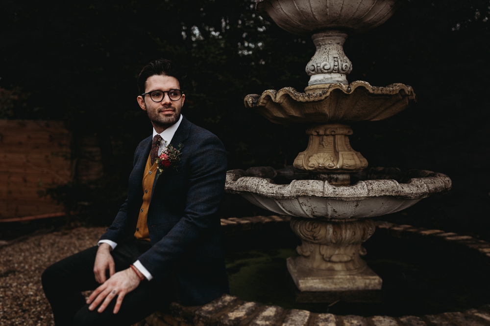 Groom Suit Tan Waistcoat Jumper Burgundy Tie Christmas Marquee Wedding Thyme Lane Photography
