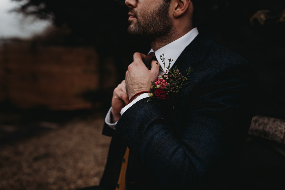 Groom Suit Tan Waistcoat Jumper Burgundy Tie Christmas Marquee Wedding Thyme Lane Photography