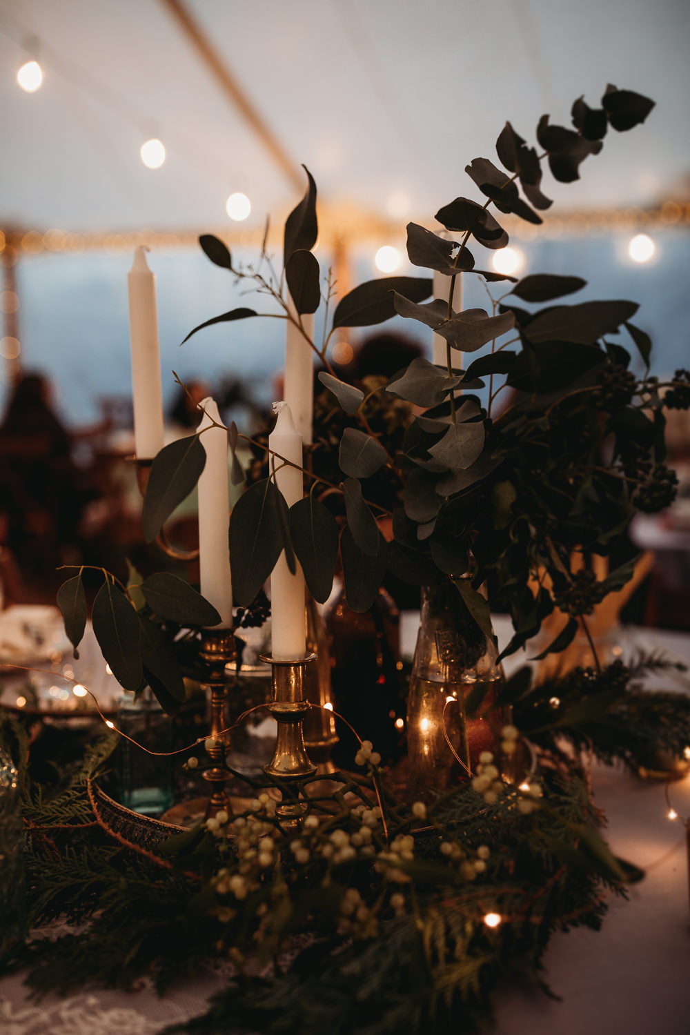 Centrepiece Decor Greenery Foliage Candles Brass Decor Decoration Christmas Marquee Wedding Thyme Lane Photography