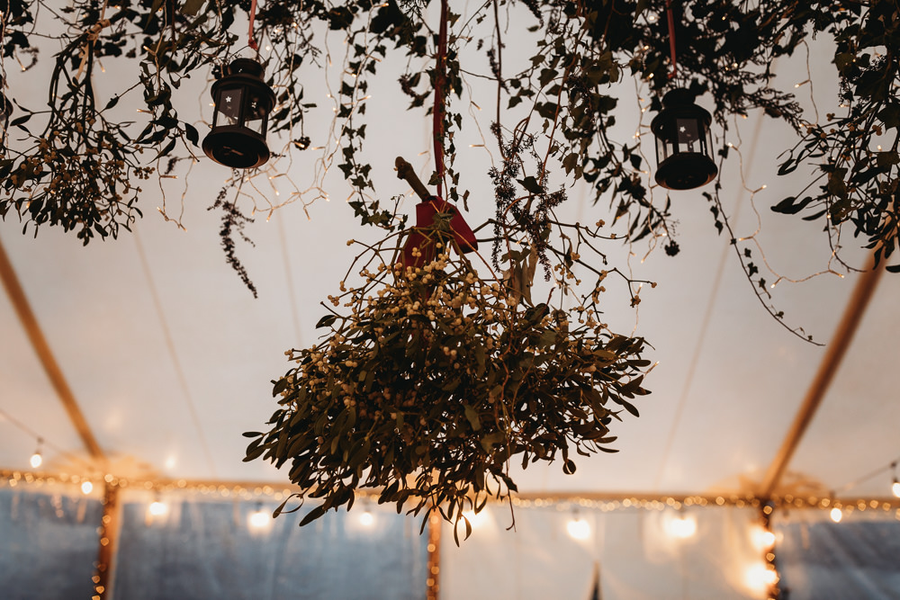 Hanging Mistletoe Suspended Bunches Christmas Marquee Wedding Thyme Lane Photography