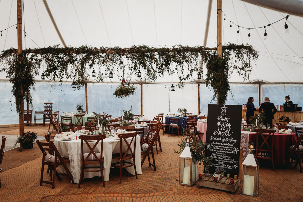 Sailcloth Tent Decoration Decor Hanging Foliage Lanterns Greenery Suspended Mistletoe Christmas Marquee Wedding Thyme Lane Photography