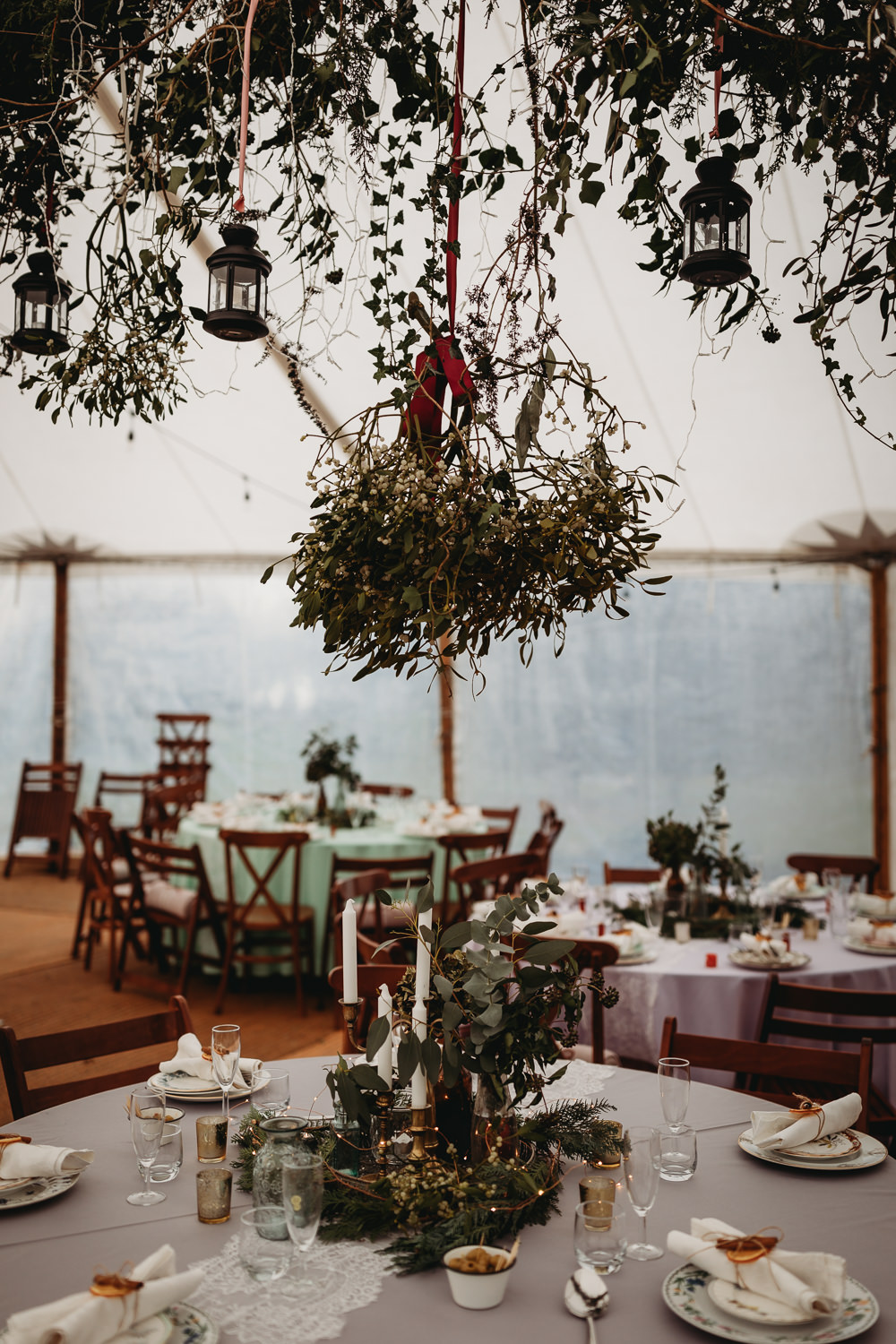 Sailcloth Tent Decoration Decor Hanging Foliage Lanterns Greenery Suspended Mistletoe Christmas Marquee Wedding Thyme Lane Photography