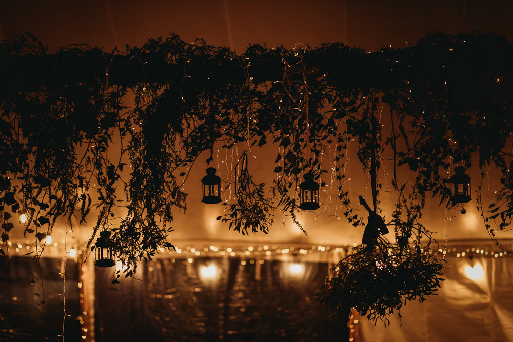 Sailcloth Tent Decoration Decor Hanging Foliage Lanterns Greenery Suspended Mistletoe Christmas Marquee Wedding Thyme Lane Photography