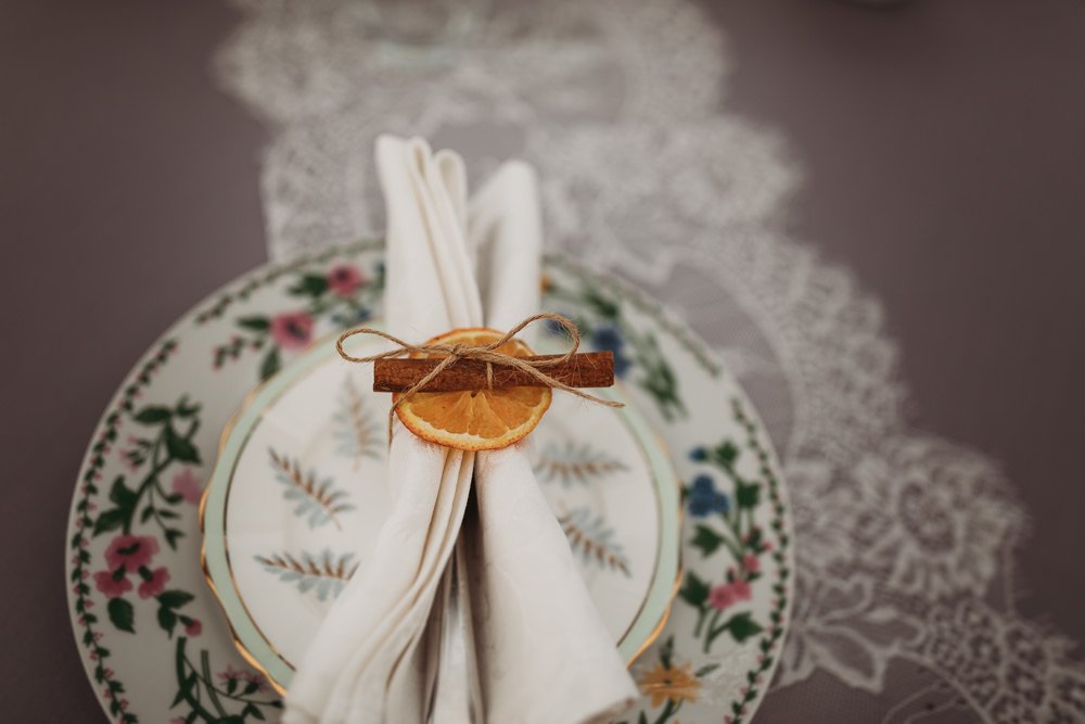 Place Setting Orange Cinnamon Plate Lace Christmas Marquee Wedding Thyme Lane Photography