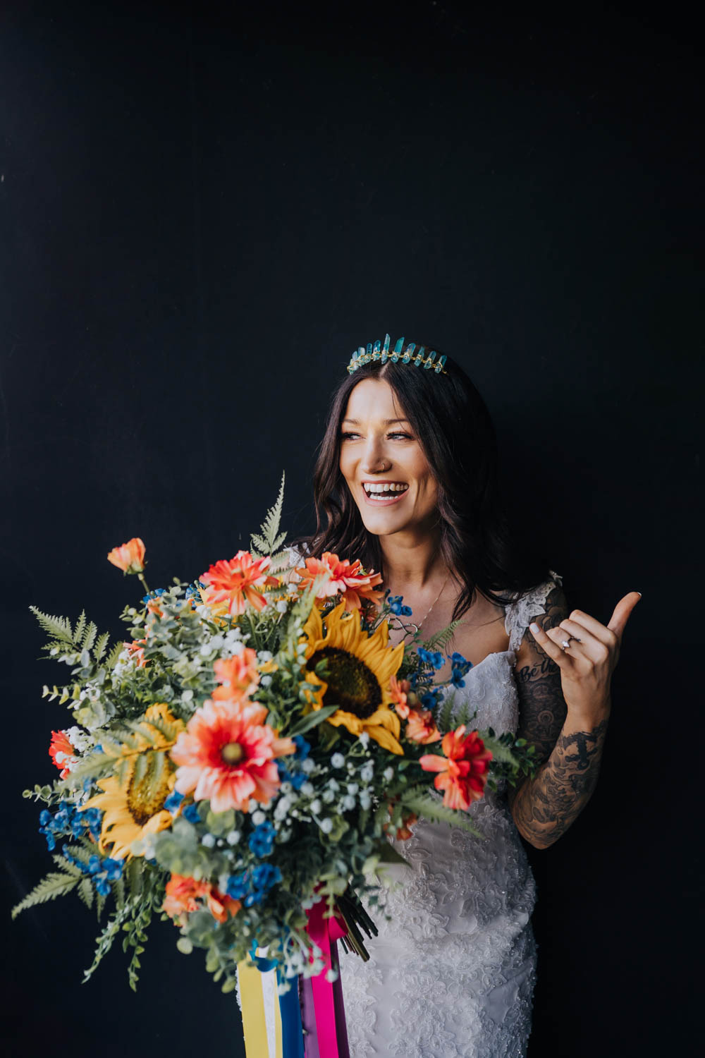 Bouquet Flowers Bride Bridal Colourful Artificial Ribbons Sunflowers Chypraze Wedding Barn Clara Cooper Photography