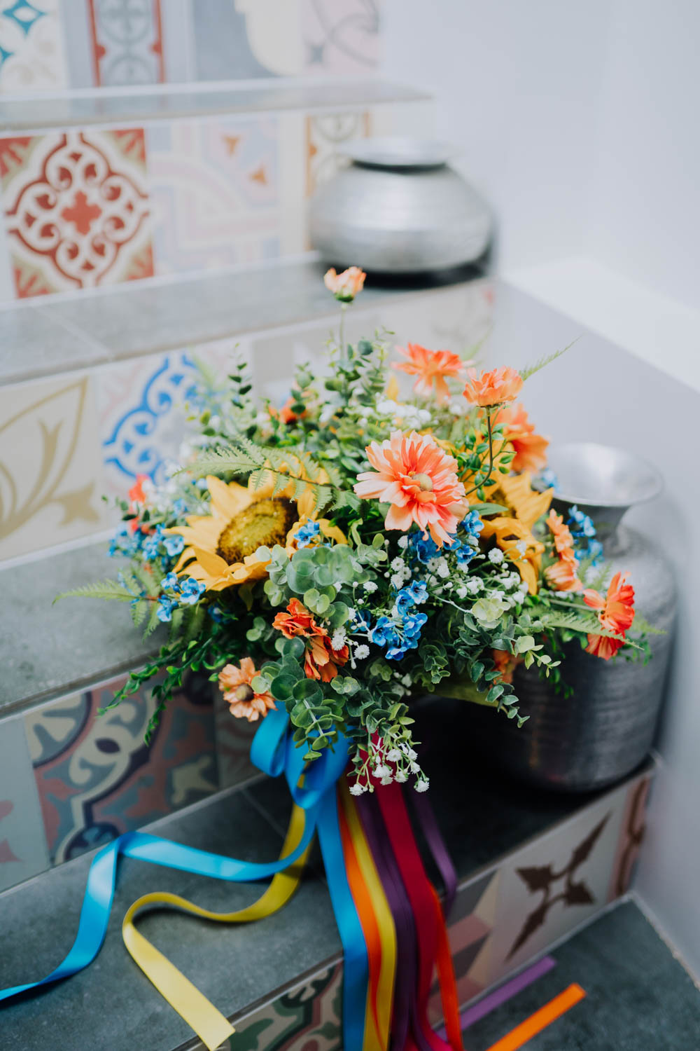 Bouquet Flowers Bride Bridal Colourful Artificial Ribbons Sunflowers Chypraze Wedding Barn Clara Cooper Photography