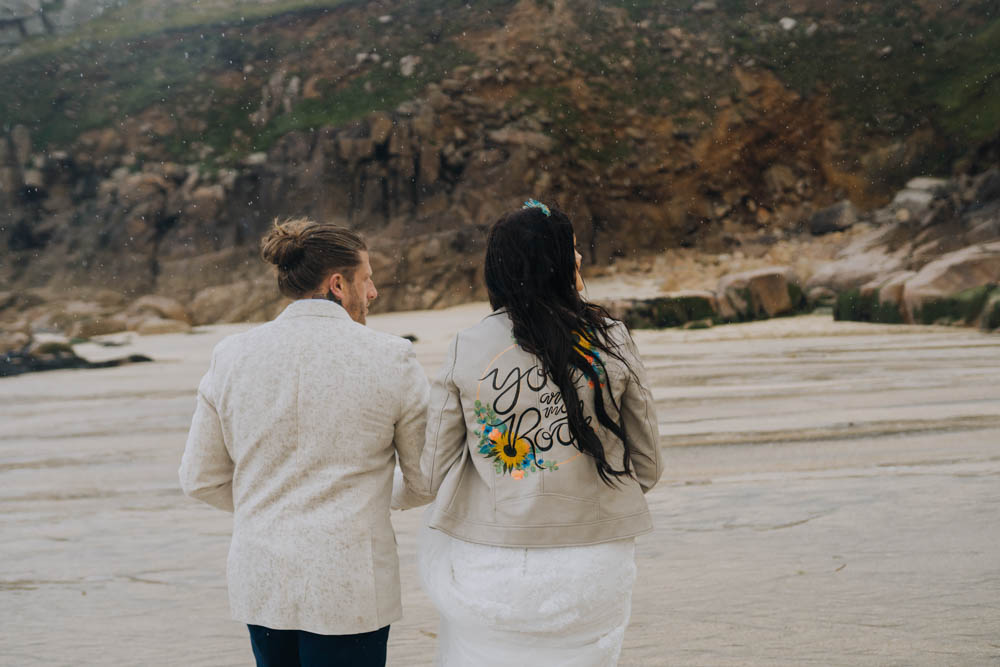 Bride Bridal Jacket Painted Personalised Sunflowers Chypraze Wedding Barn Clara Cooper Photography