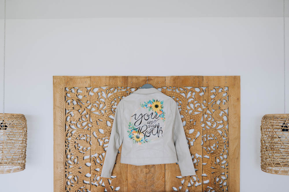 Bride Bridal Jacket Painted Personalised Sunflowers Chypraze Wedding Barn Clara Cooper Photography