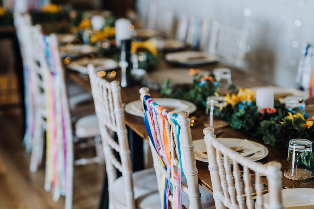 Rainbow Riboons Chairs Decor Chypraze Wedding Barn Clara Cooper Photography