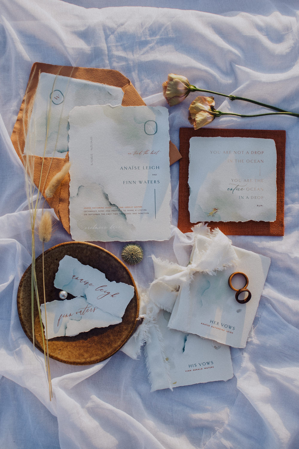 Stationery Suite Flat Lay Invite Invitation Rust Camel Callgraphy Coastal Elopement Manon Pauffin Photography