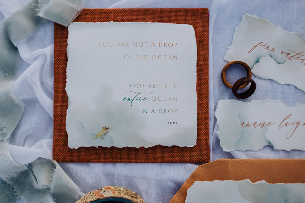 Stationery Suite Flat Lay Invite Invitation Rust Camel Callgraphy Coastal Elopement Manon Pauffin Photography