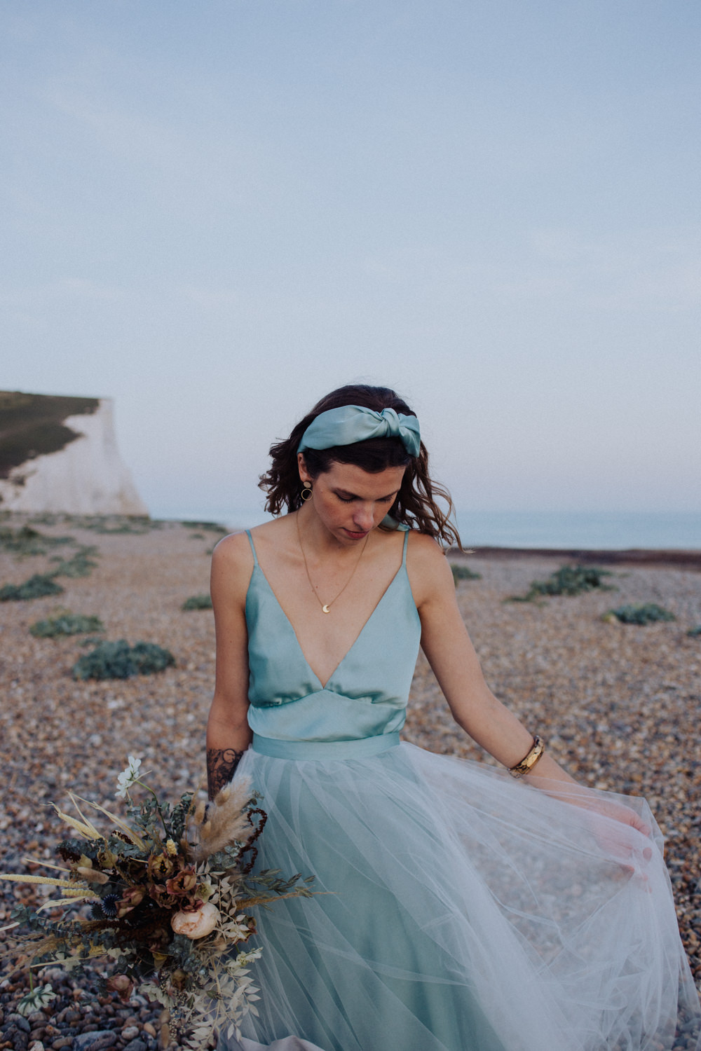 Dress Gown Bride Bridal Tulle Blue Coastal Elopement Manon Pauffin Photography