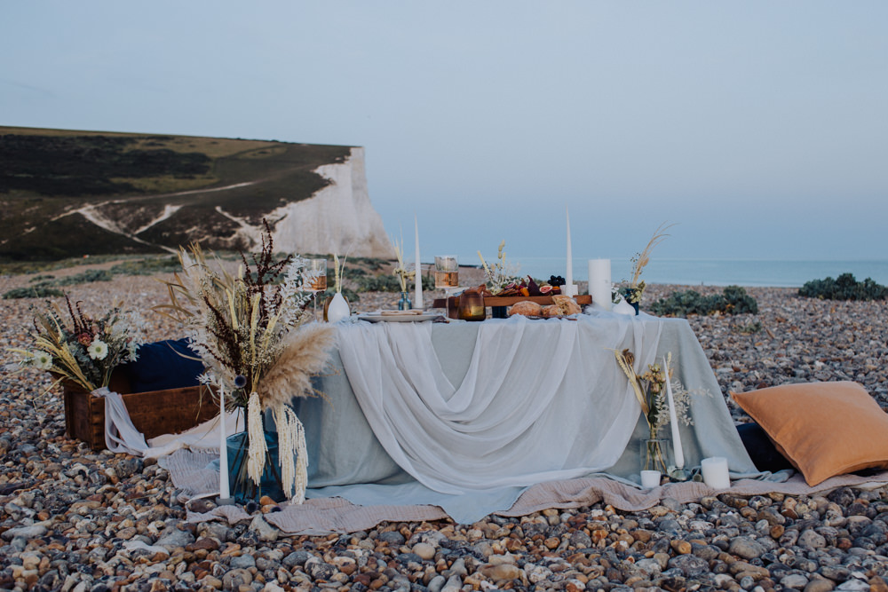 Table Tablescape Silk Flowers Dried Candles Decor Glasses Coastal Elopement Manon Pauffin Photography