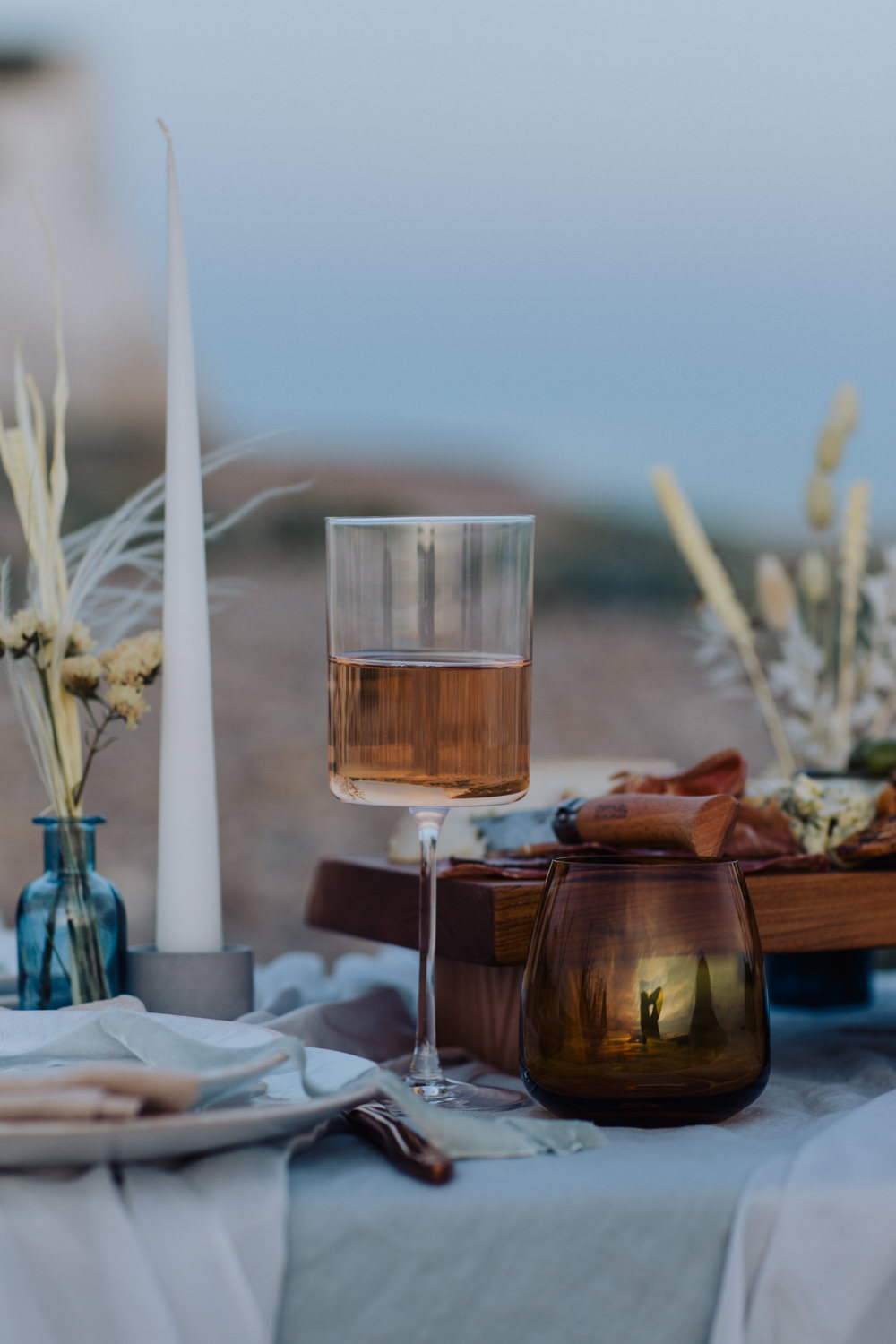 Table Tablescape Silk Flowers Dried Candles Decor Glasses Coastal Elopement Manon Pauffin Photography