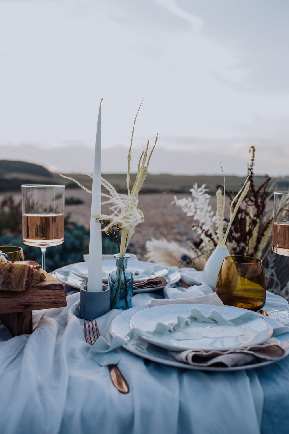 Table Tablescape Silk Flowers Dried Candles Decor Glasses Coastal Elopement Manon Pauffin Photography