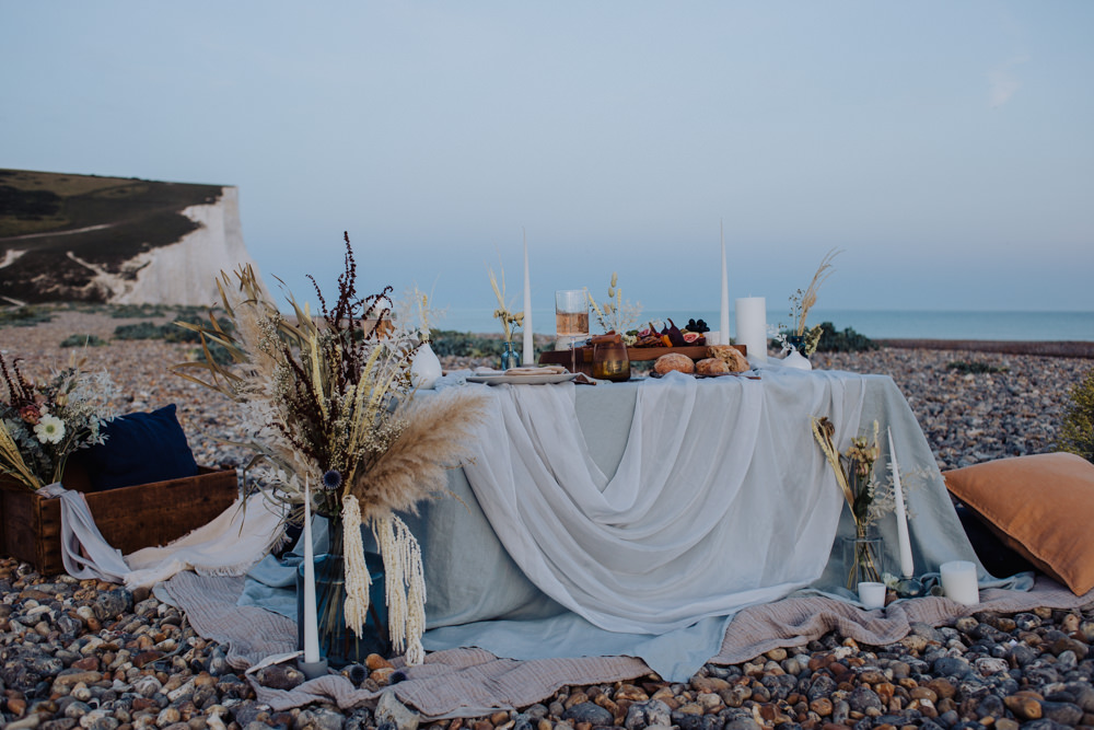 Table Tablescape Silk Flowers Dried Candles Decor Glasses Coastal Elopement Manon Pauffin Photography