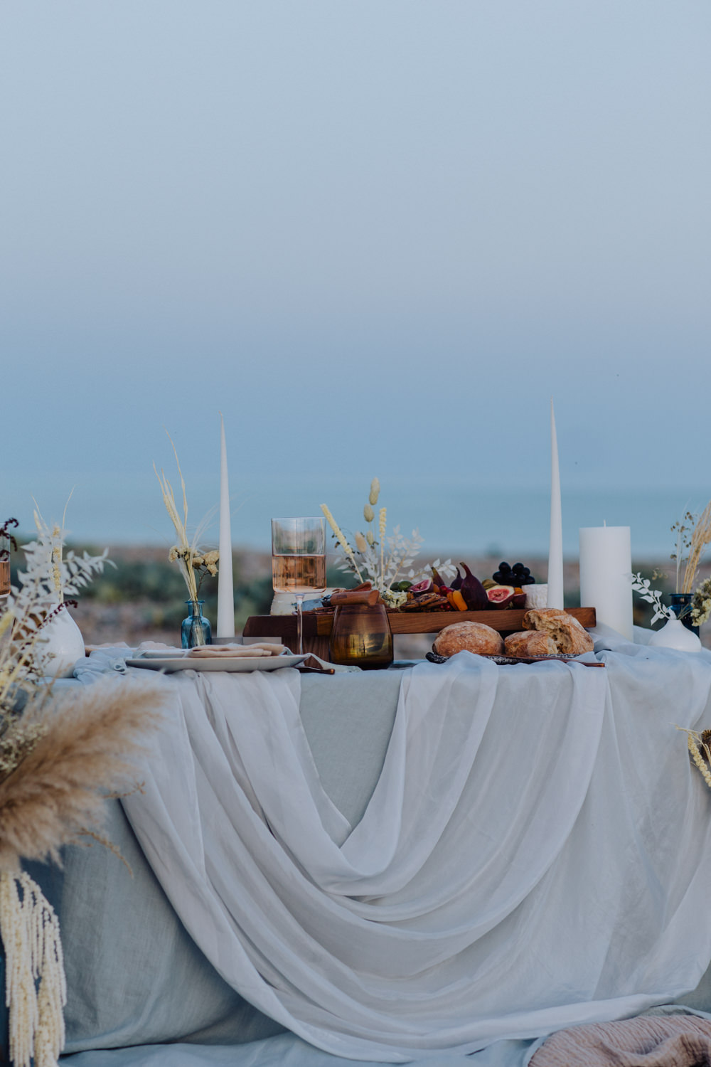 Table Tablescape Silk Flowers Dried Candles Decor Glasses Coastal Elopement Manon Pauffin Photography