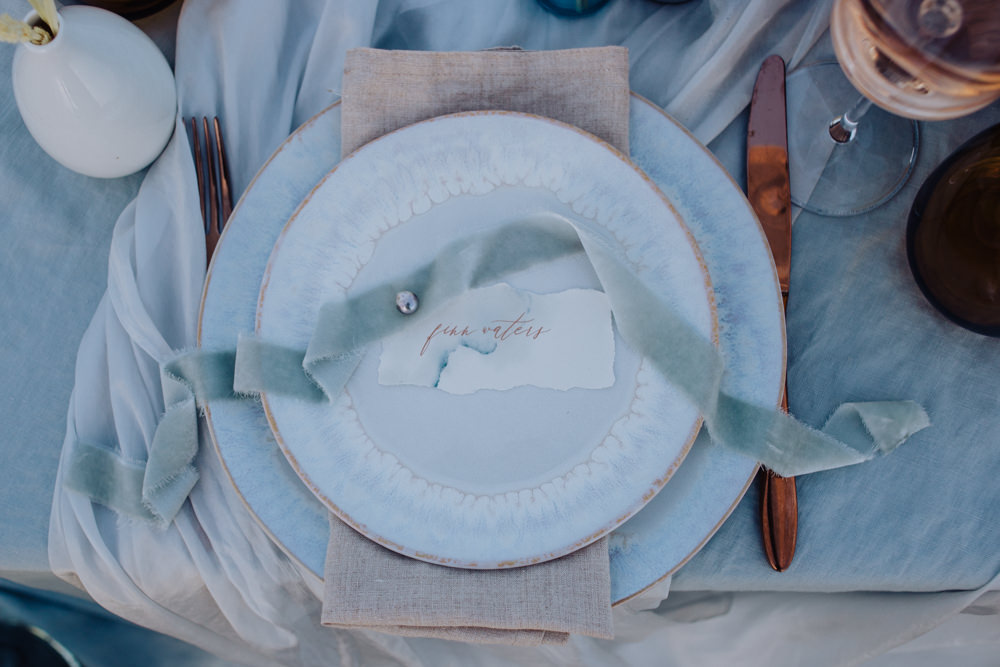 Place Setting Decor Place Name Ribbon Coastal Elopement Manon Pauffin Photography