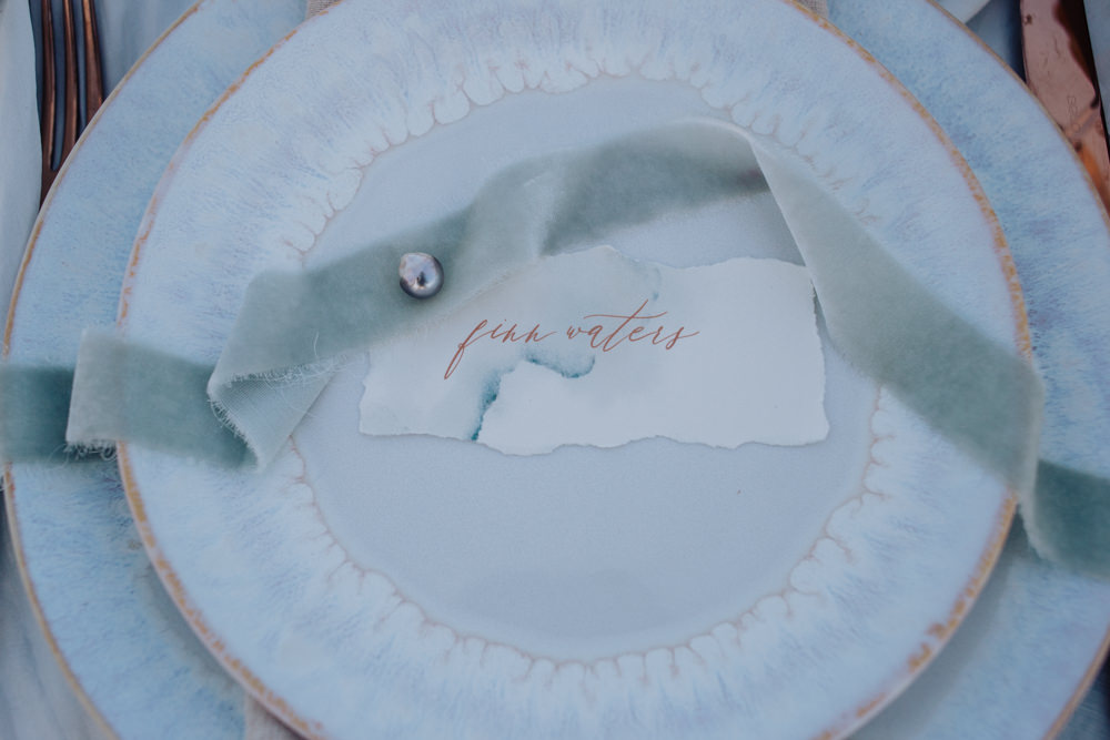 Place Setting Decor Place Name Ribbon Coastal Elopement Manon Pauffin Photography