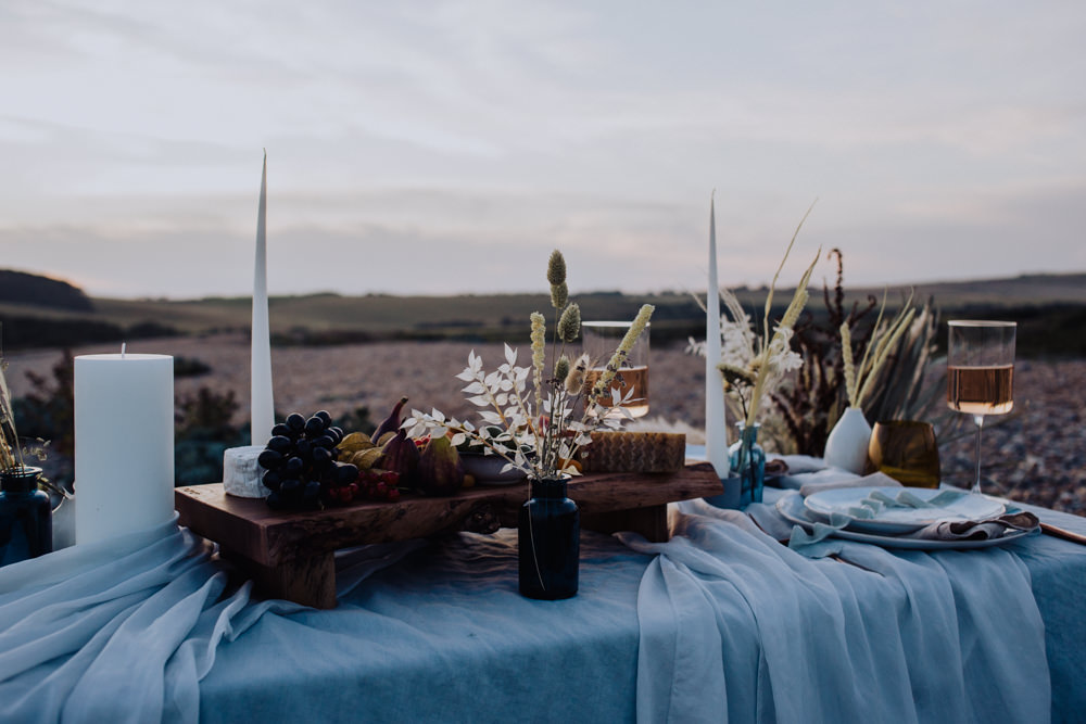 Table Tablescape Silk Flowers Dried Candles Decor Glasses Coastal Elopement Manon Pauffin Photography