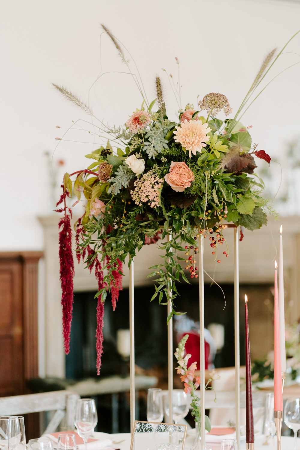 Tall Flowers Centrepiece Table Coral Rose Amaranthus Contemporary Wedding Ideas Chloe Ely Photography