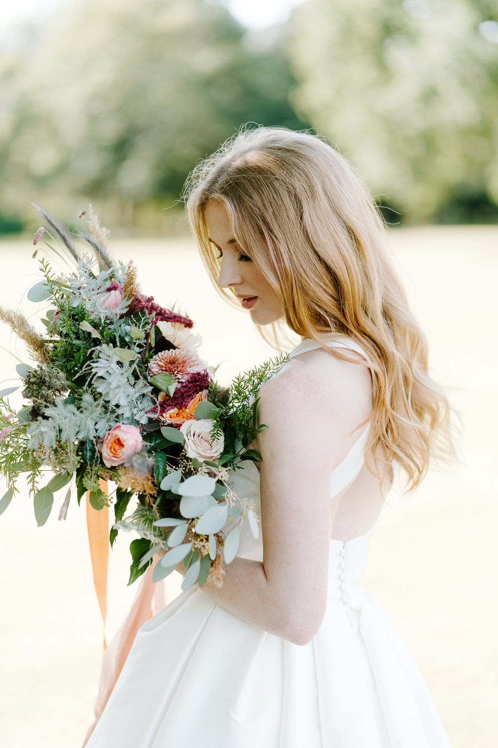 Bride Bridal Bouquet Flowers Eucalyptus Grass Daliah Rose Ribbons Contemporary Wedding Ideas Chloe Ely Photography