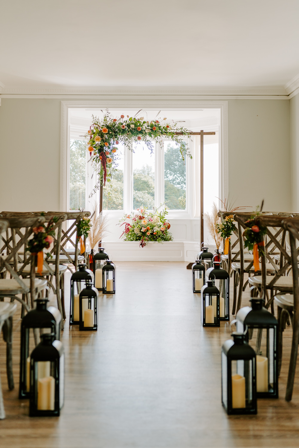 Flower Arch Ceremony Aisle Backdrop Lantern Candles Contemporary Wedding Ideas Chloe Ely Photography