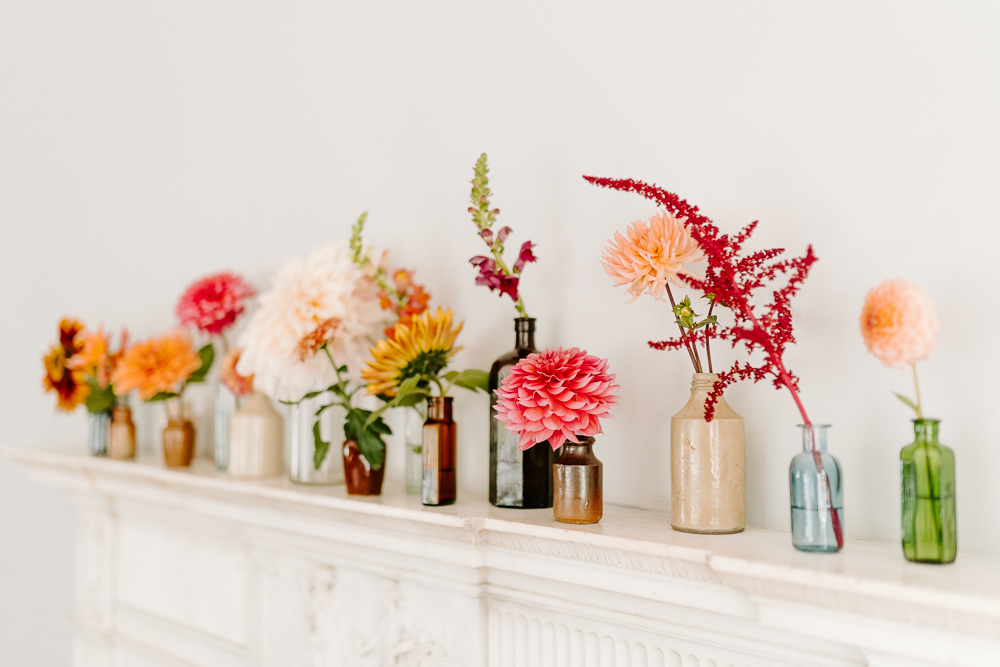 Bottle Flowers Fireplace Mantle Contemporary Wedding Ideas Chloe Ely Photography