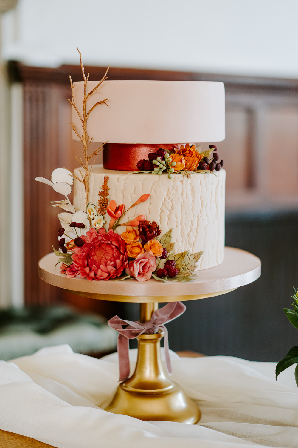 Cake Floral Flowers Gold Stand Contemporary Wedding Ideas Chloe Ely Photography