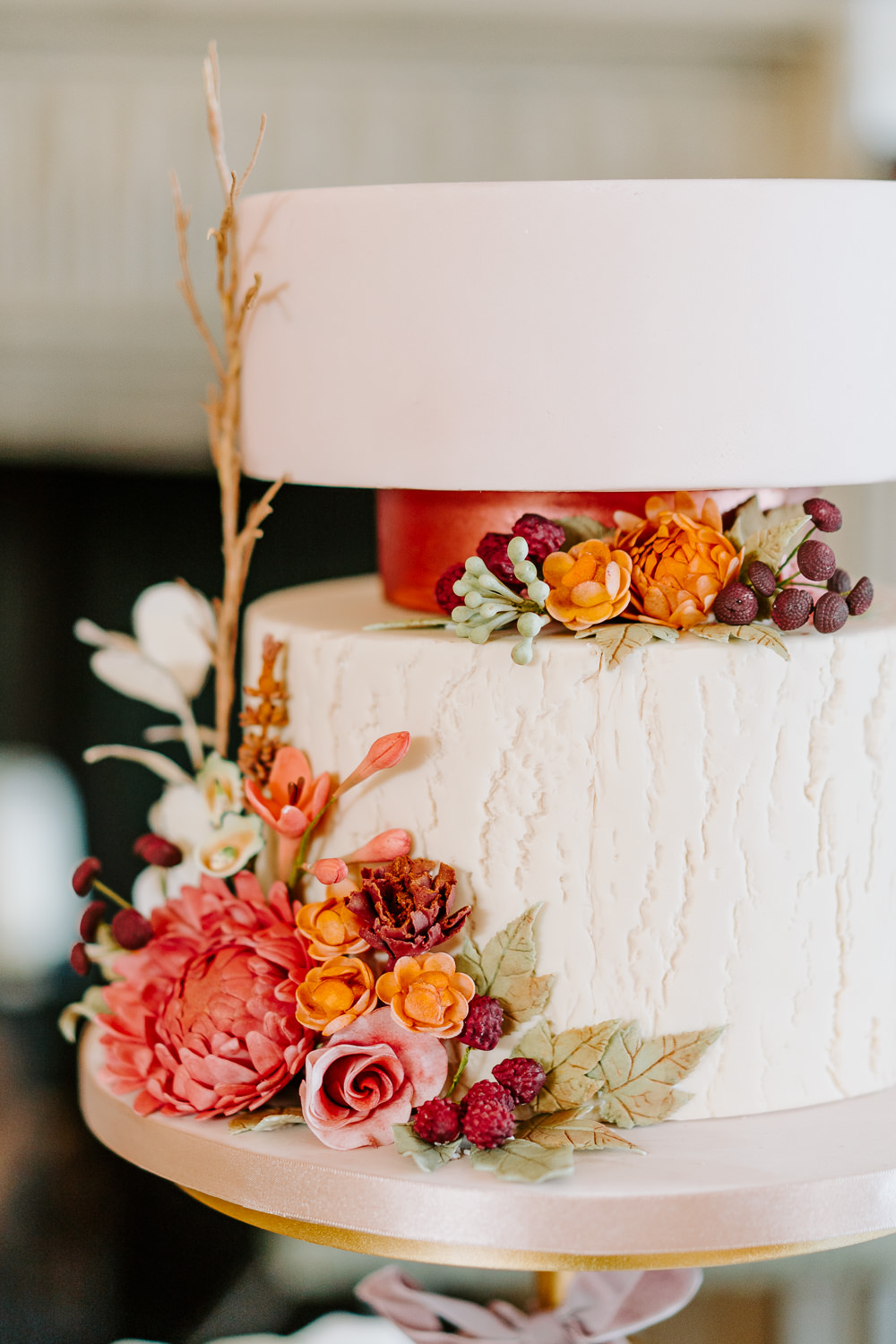 Cake Floral Flowers Gold Stand Contemporary Wedding Ideas Chloe Ely Photography