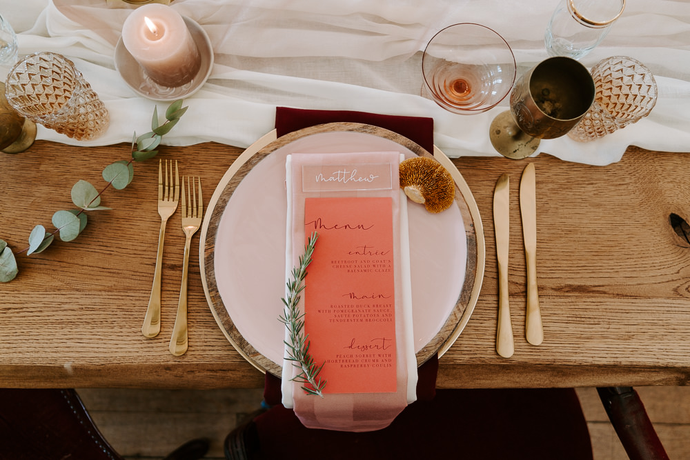 Place Setting Coral Menu Gold Cutlery Contemporary Wedding Ideas Chloe Ely Photography
