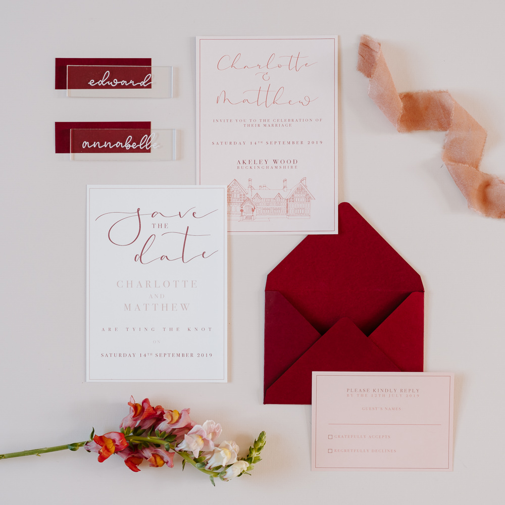 Stationery Invite Invitations Burgundy Calligraphy Pink Contemporary Wedding Ideas Chloe Ely Photography