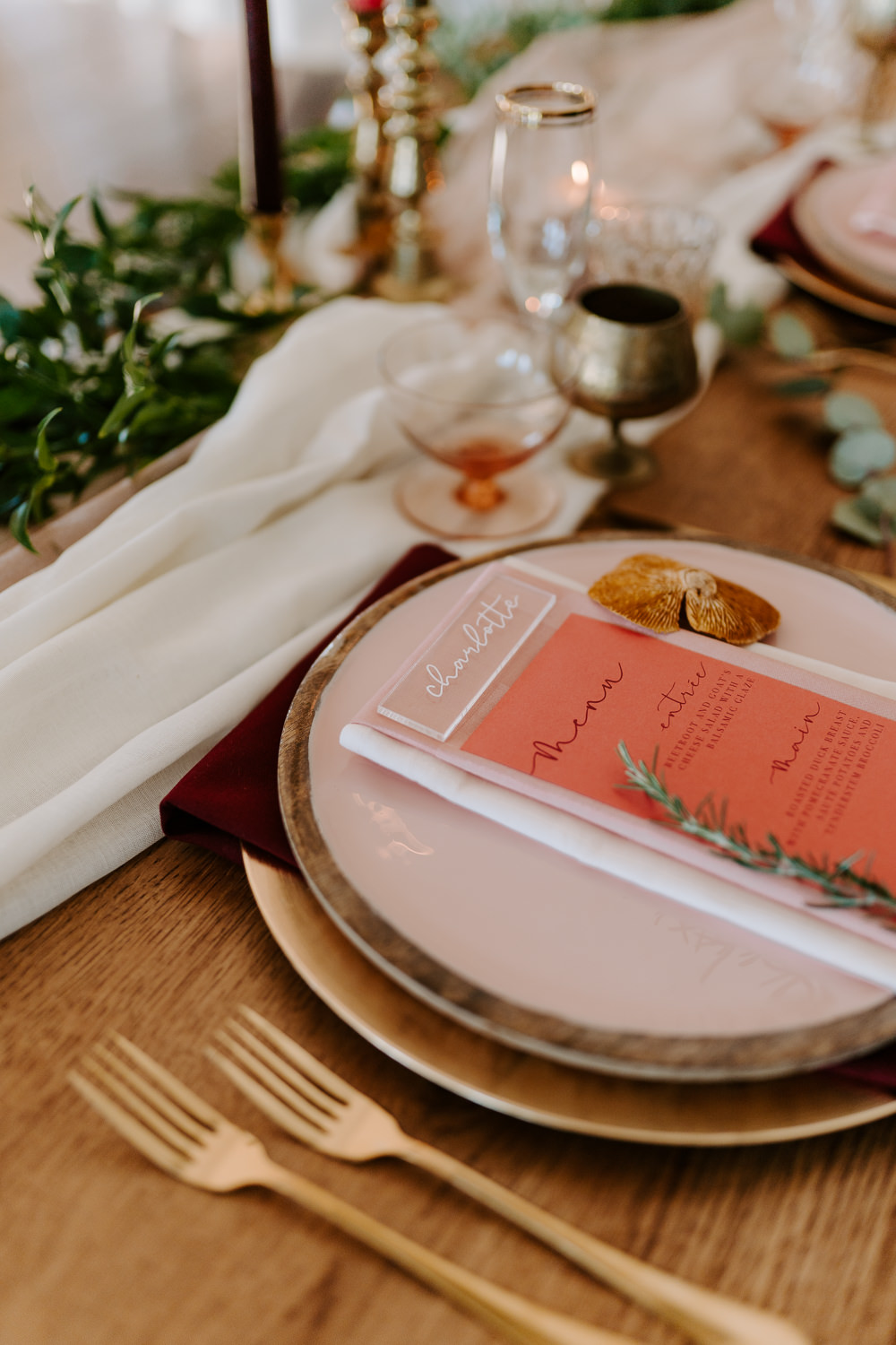 Place Setting Coral Menu Gold Cutlery Contemporary Wedding Ideas Chloe Ely Photography