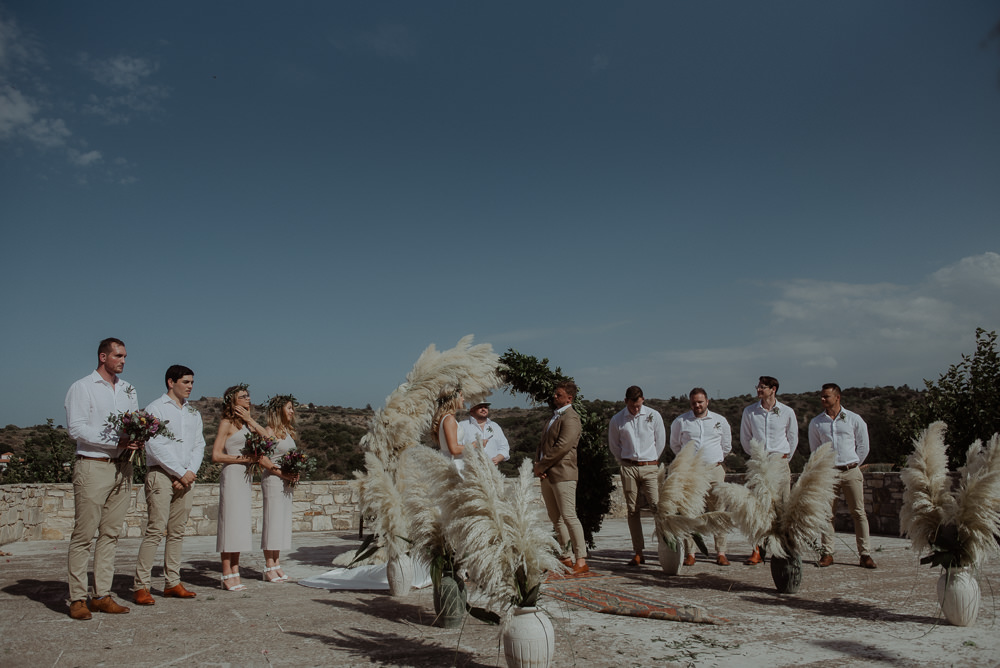 Aisle Ceremony Moon Gate Flower Arch Rugs Pampas Grass Backdrop Crete Destination Wedding Me and Georgia Photography