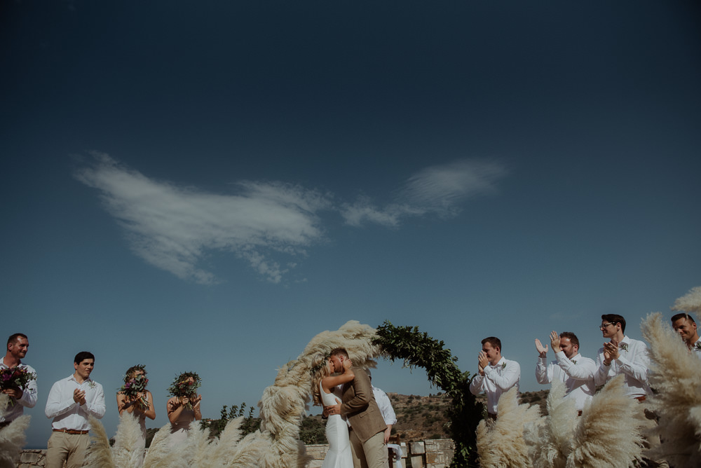 Aisle Ceremony Moon Gate Flower Arch Rugs Pampas Grass Backdrop Crete Destination Wedding Me and Georgia Photography