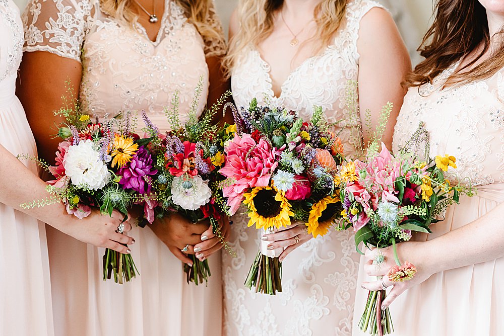 Bouquet Flowers Bride Bridal Bridesmaid Sunflower Dahlia Pink Yellow DIY Tipi Wedding Fiona Kelly Photography