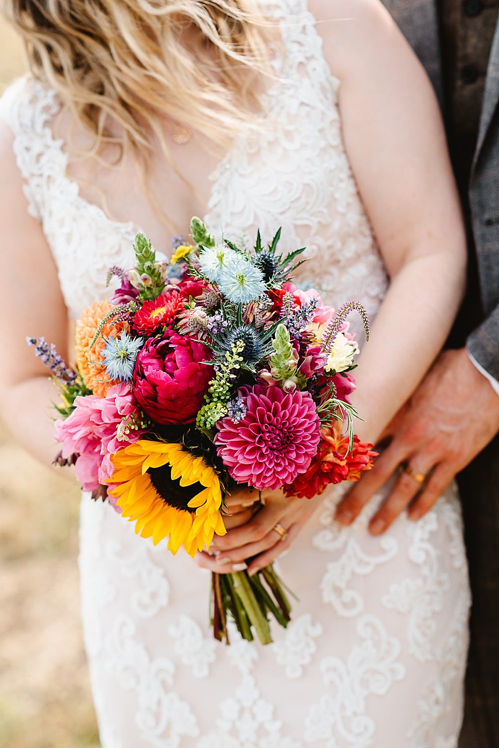 Bouquet Flowers Bride Bridal Bridesmaid Sunflower Dahlia Pink Yellow DIY Tipi Wedding Fiona Kelly Photography