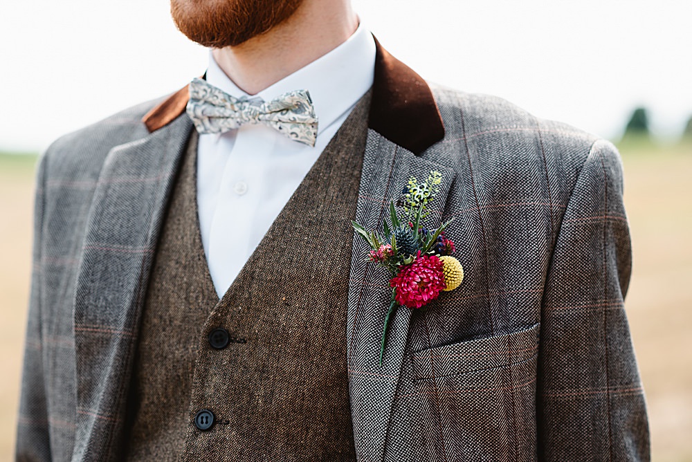 Groom Suit Grey Tweed Bow Tie Buttonhole Flowers DIY Tipi Wedding Fiona Kelly Photography