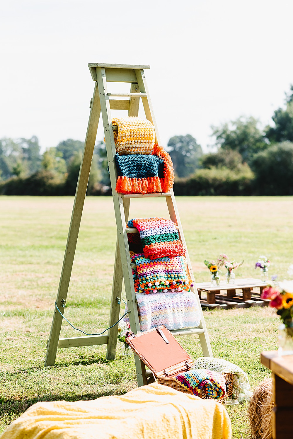 Woodn Ladder Blankets DIY Tipi Wedding Fiona Kelly Photography