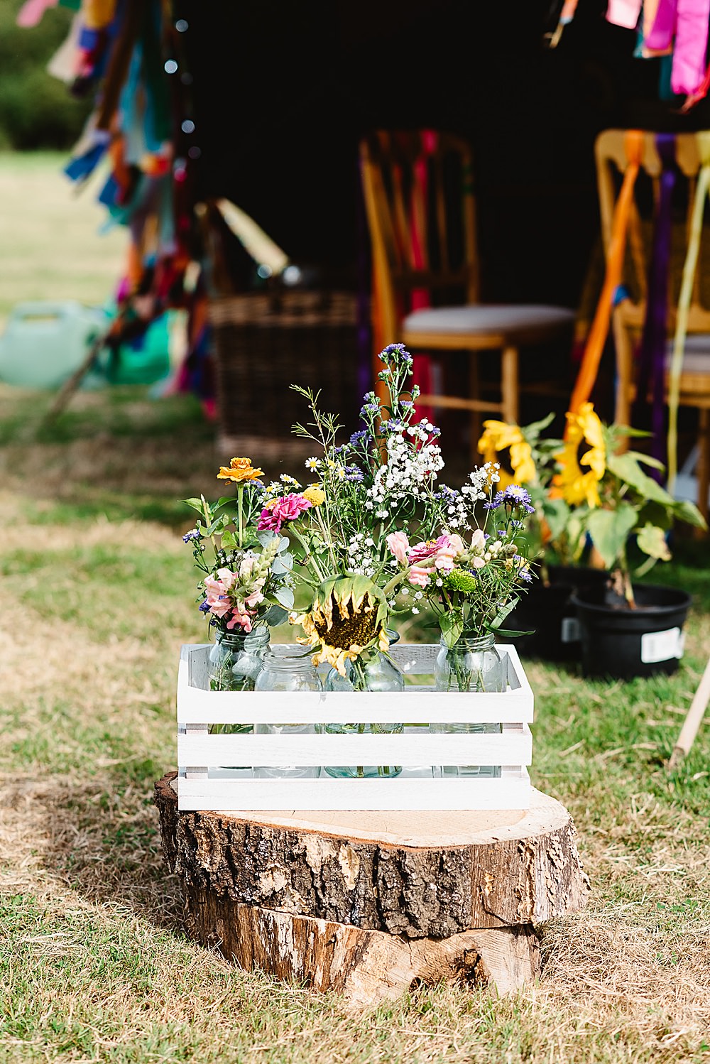Wooden Crate Flowers Tree Log DIY Tipi Wedding Fiona Kelly Photography
