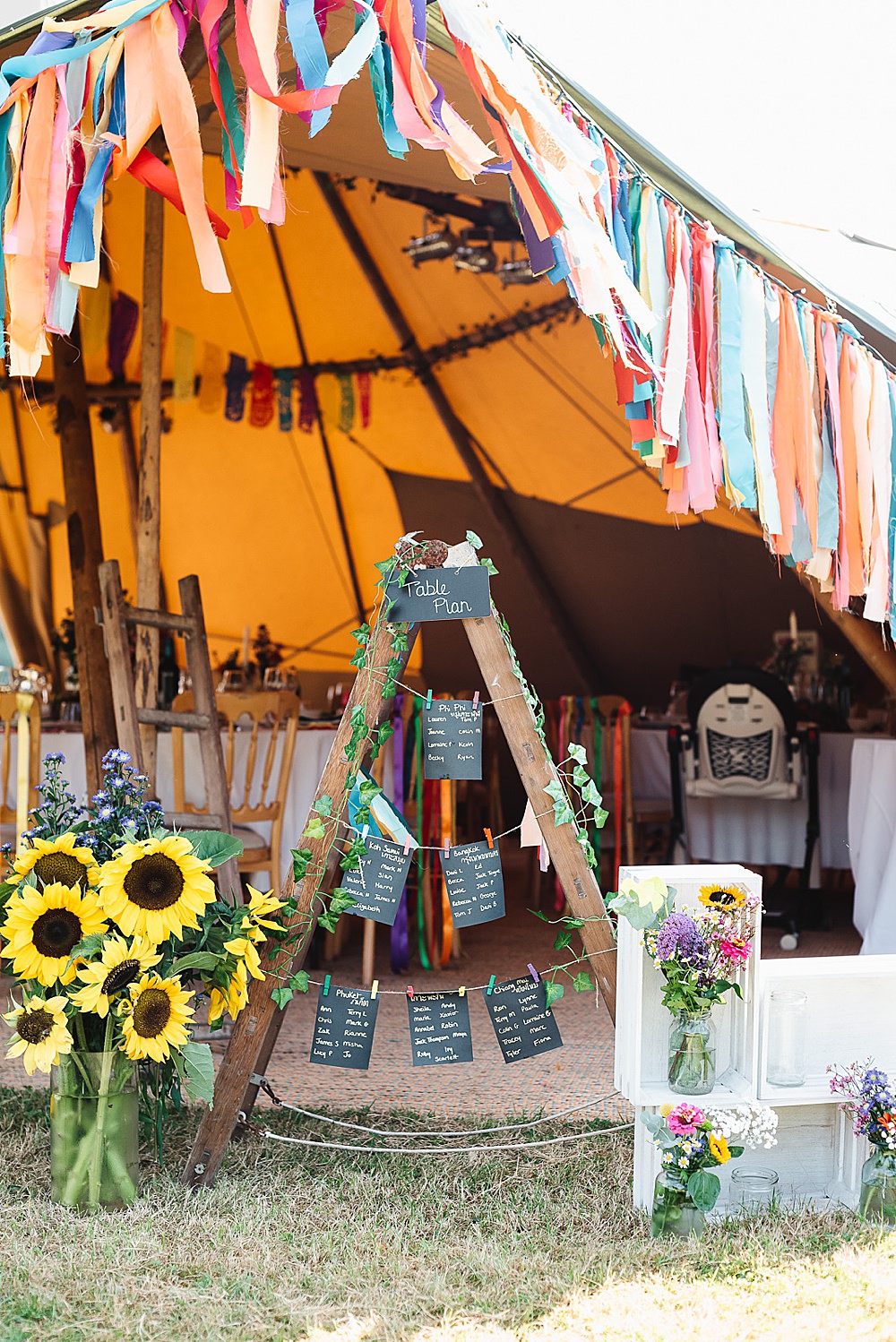 Wooden Ladder Table Plan Seating Chart DIY Tipi Wedding Fiona Kelly Photography