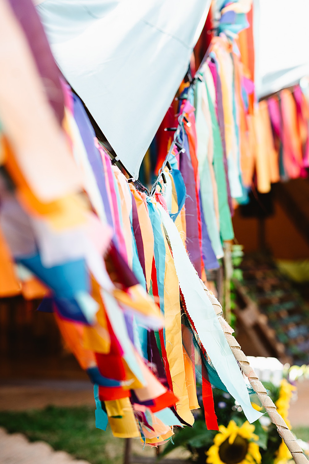 Colourful Multicolour Rainbow Decor Rag Bunting DIY Tipi Wedding Fiona Kelly Photography