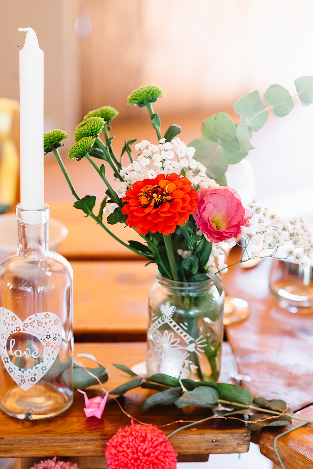 Centrepiece Jar Flowers Colourful Wild DIY Tipi Wedding Fiona Kelly Photography