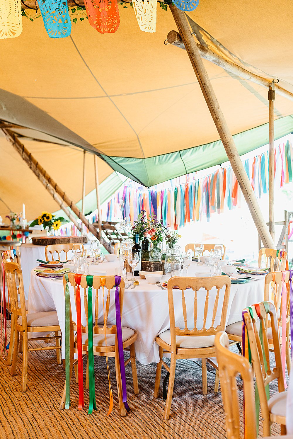 Multicolour Rainbow Colourful Ribbon Chairs Decor Rag Bunting DIY Tipi Wedding Fiona Kelly Photography