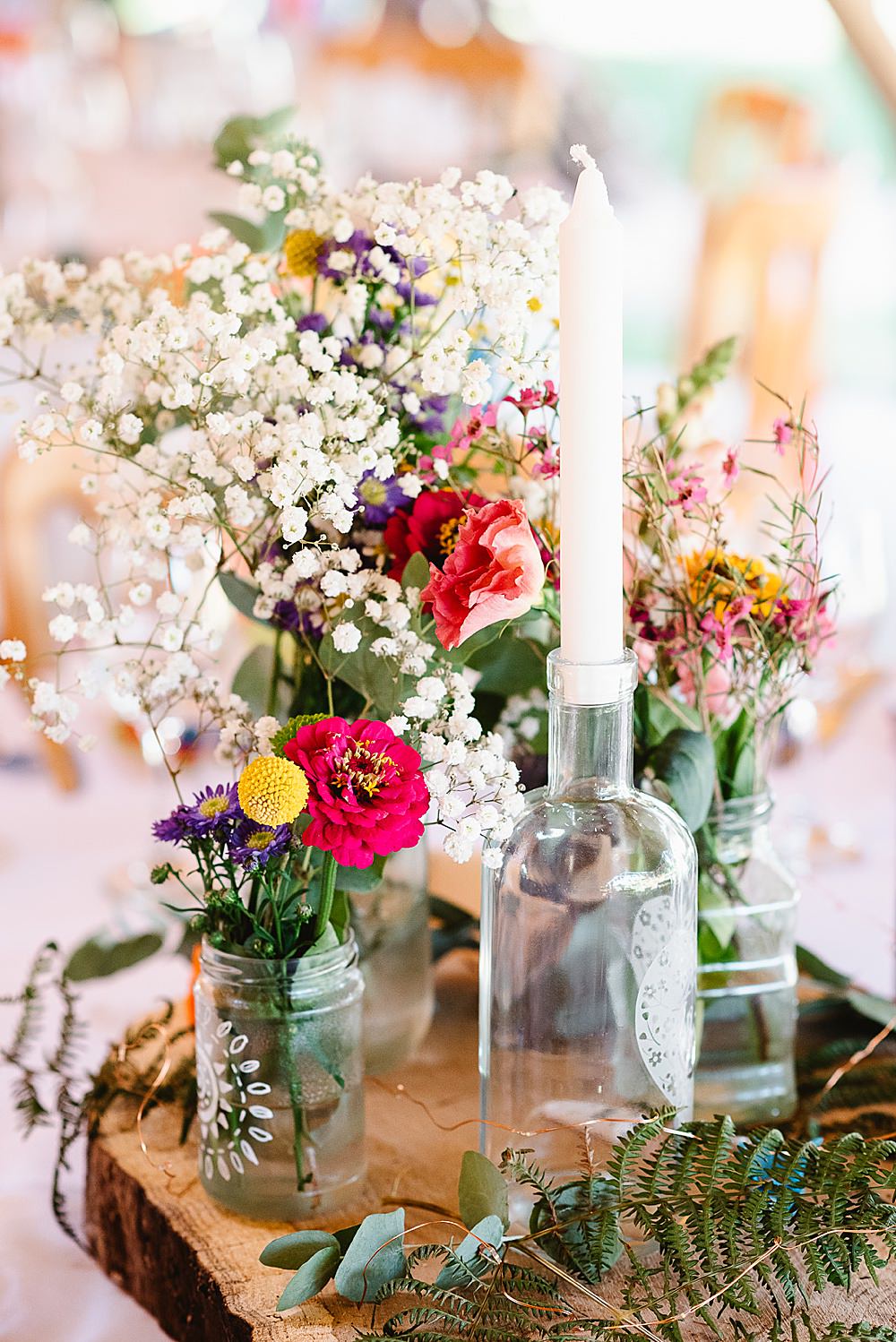 Centrepiece Log Slice Jar Flowers Colourful Wild Candle DIY Tipi Wedding Fiona Kelly Photography