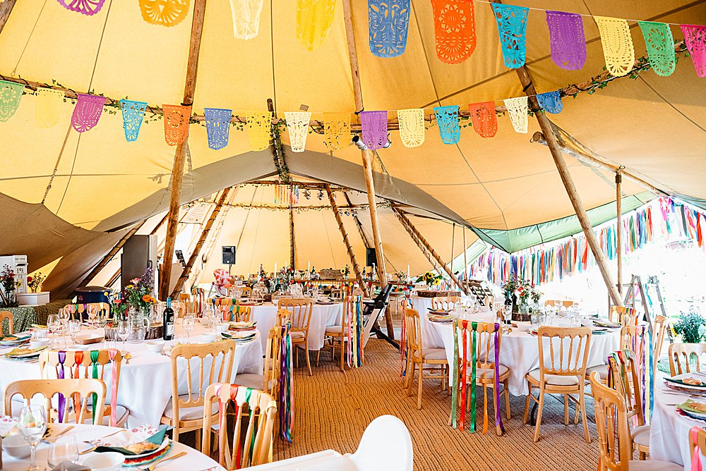 Multicolour Rainbow Colourful Ribbon Chairs Decor Bunting DIY Tipi Wedding Fiona Kelly Photography