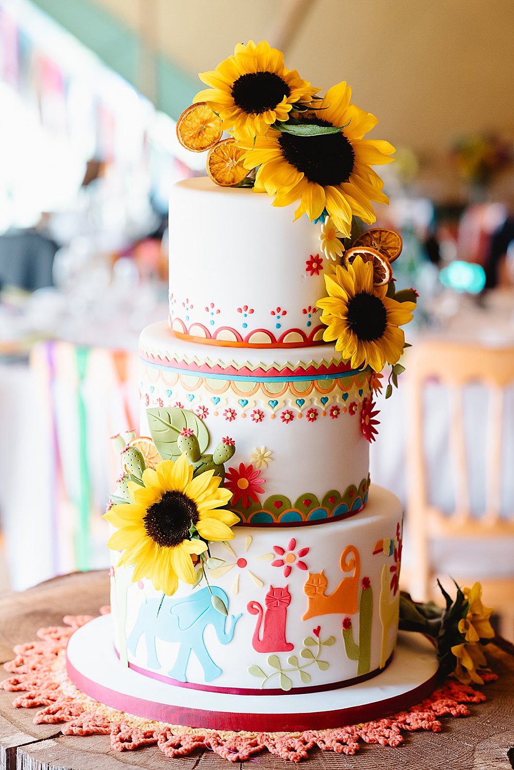 Colourful Multicolour Animal Cake Sunflowers DIY Tipi Wedding Fiona Kelly Photography