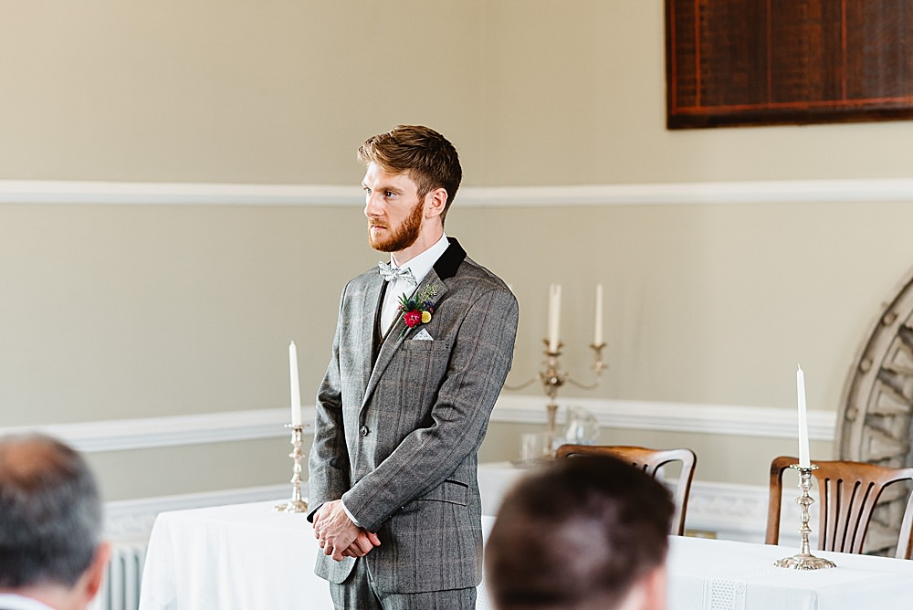 Groom Suit Grey Tweed Bow Tie DIY Tipi Wedding Fiona Kelly Photography