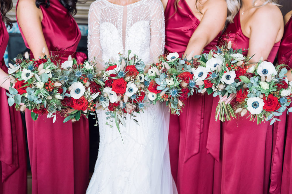 Bouquet Flowers Bride Bridal Bridesmaid Red Rose Anemone Decadent Christmas Wedding Jessica Raphael Photography